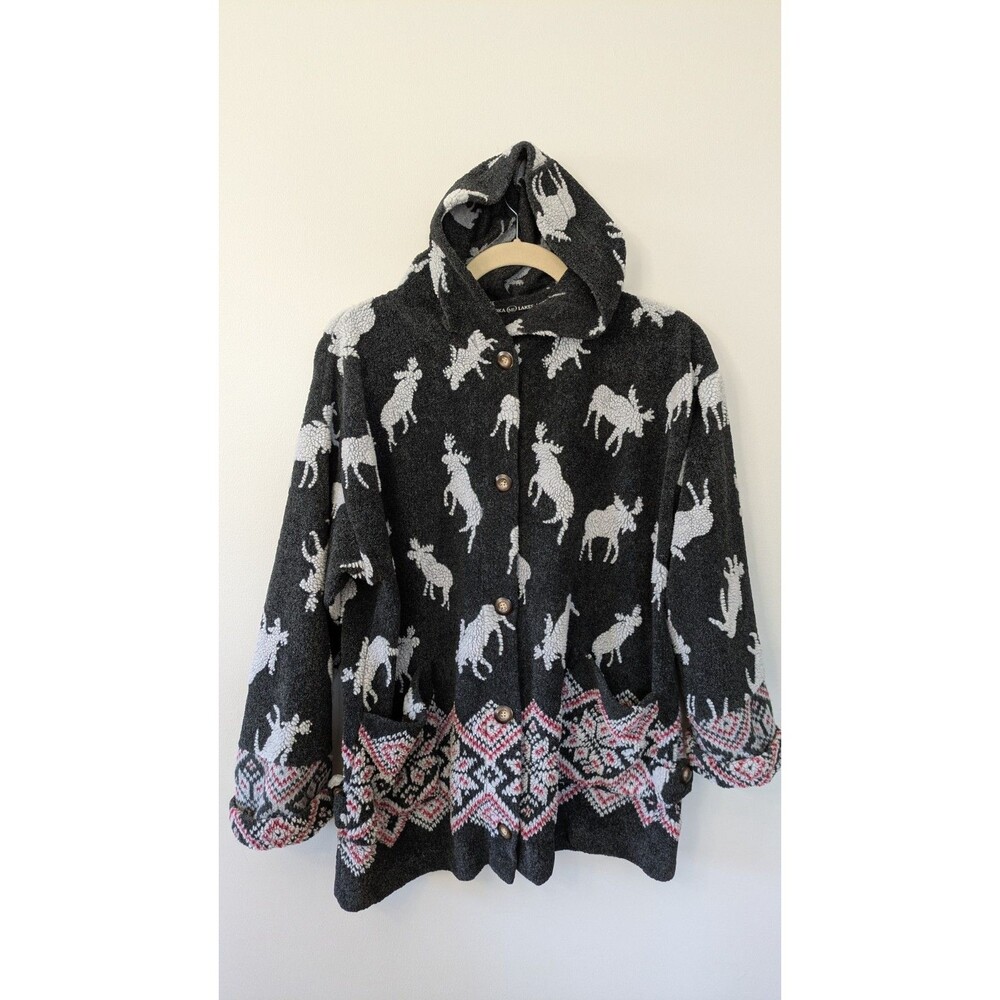 Vintage Muskoka Lakes Womens Fleece Jacket Tribal Native American Moose Oversize